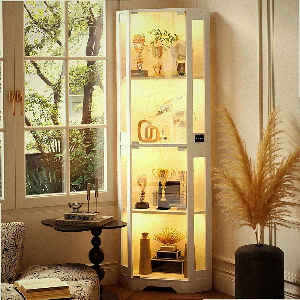 BROTTAR 4-Ebenen Eckvitrine aus Glas mit Glastüren und 3-Farben LED-Beleuchtung