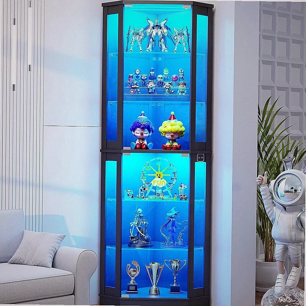 BROTTAR 71 Zoll Eckvitrine mit LED-Beleuchtung, 6-stöckige Vitrine mit Glastüren