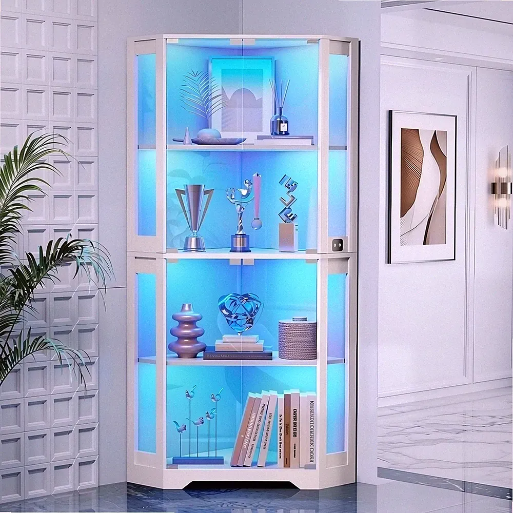 BROTTAR Eckvitrine mit Glastüren, 4-Ebenen Vitrinenschrank mit LED Beleuchtung