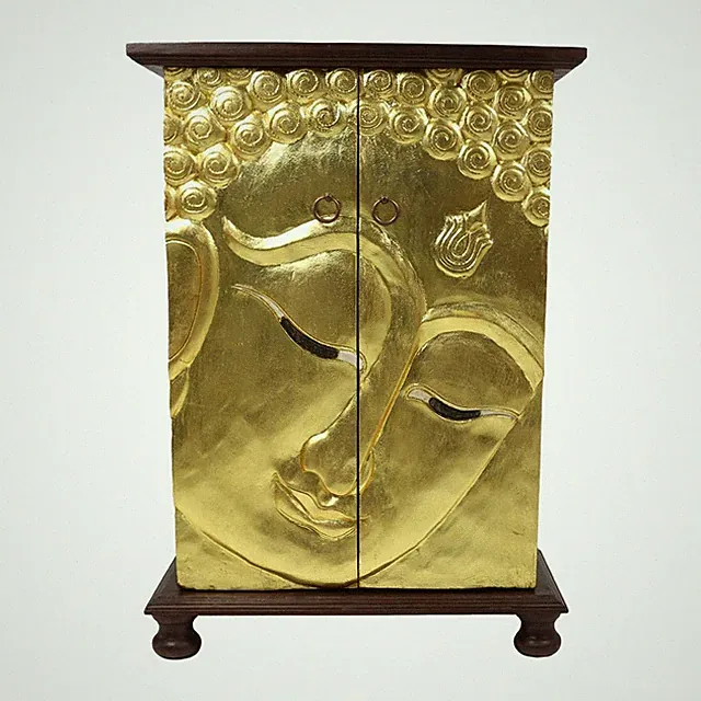 Buddha Schrank Asiatischer Holzschrank Flurschrank 90cm Blattgold Braun Gold