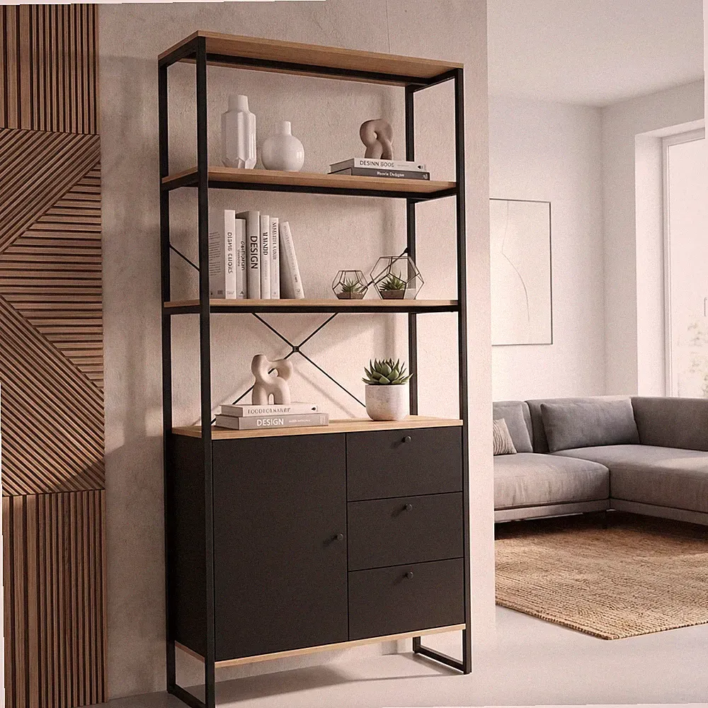 Bücherregal 180cm Eiche Dekor Mehrzweckregal Standregal Regal Schubladen & Tür