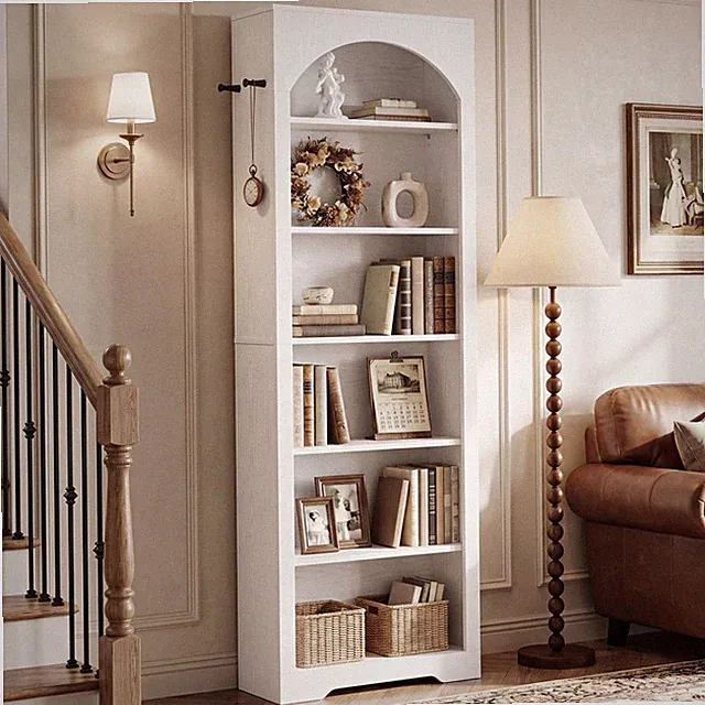 Bücherregal 195cm Hoch 6 Ebenen Standregal Weiß Rundbogen Design Verstellbar