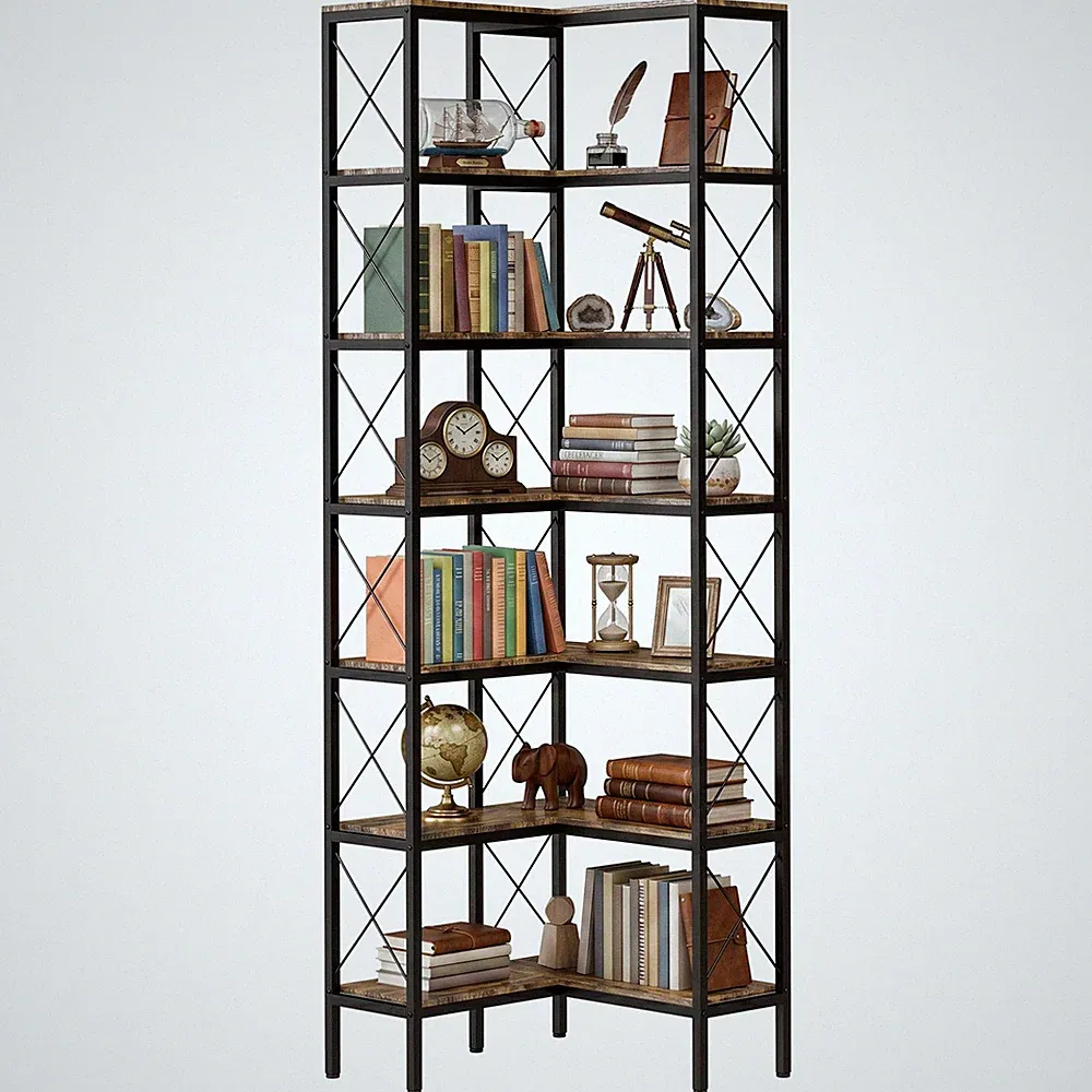 Bücherregal 6 Ebenen L-förmiges Eckregal mit Metallrahmen, 60 x 60 x 200 cm