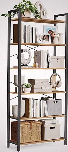 Bücherregal 6 Ebenen Stahl Dunkelwalnuss 30x78x