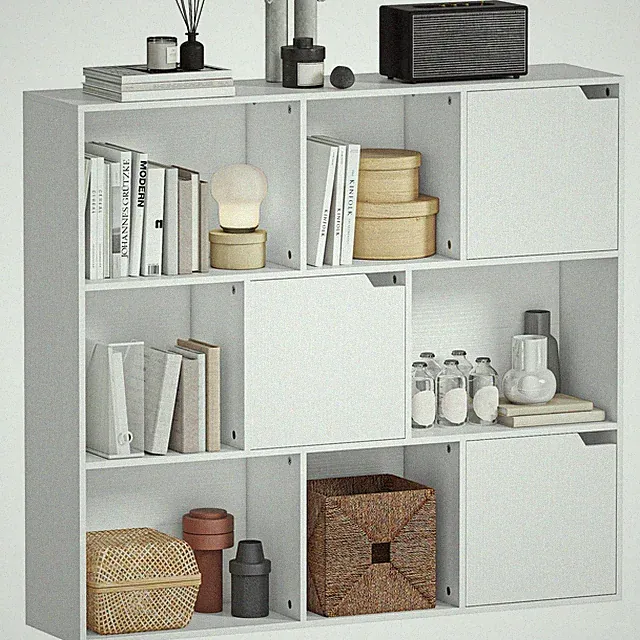 Bücherregal, 9 Fächern, 3 Türen, 6 offene Regale, Weiß