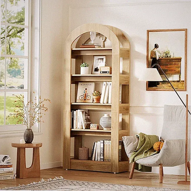 Bücherregal aus Holz, 5-stufige, gewölbte Regalböden, 180 cm hoch für Wohnzimmer