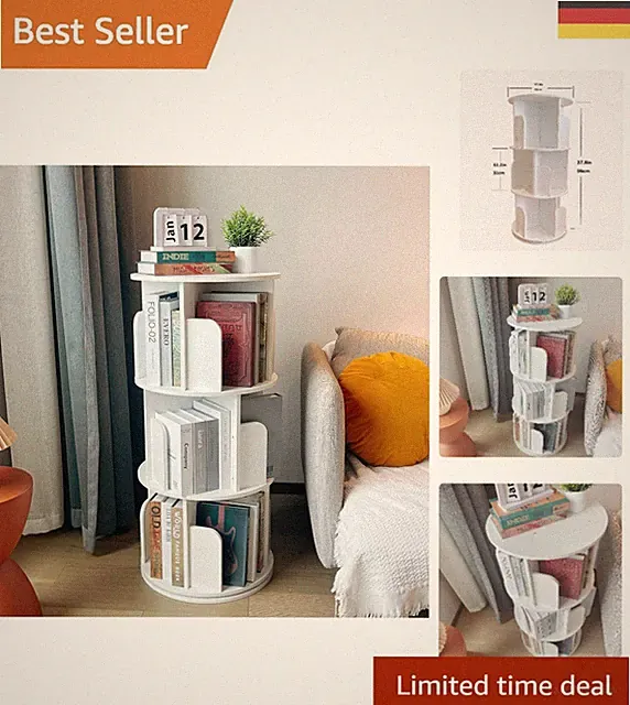 Bücherregal Drehbar 360 Grad weiß Platzsparend Kinder Schlafzimmer Modern Holz