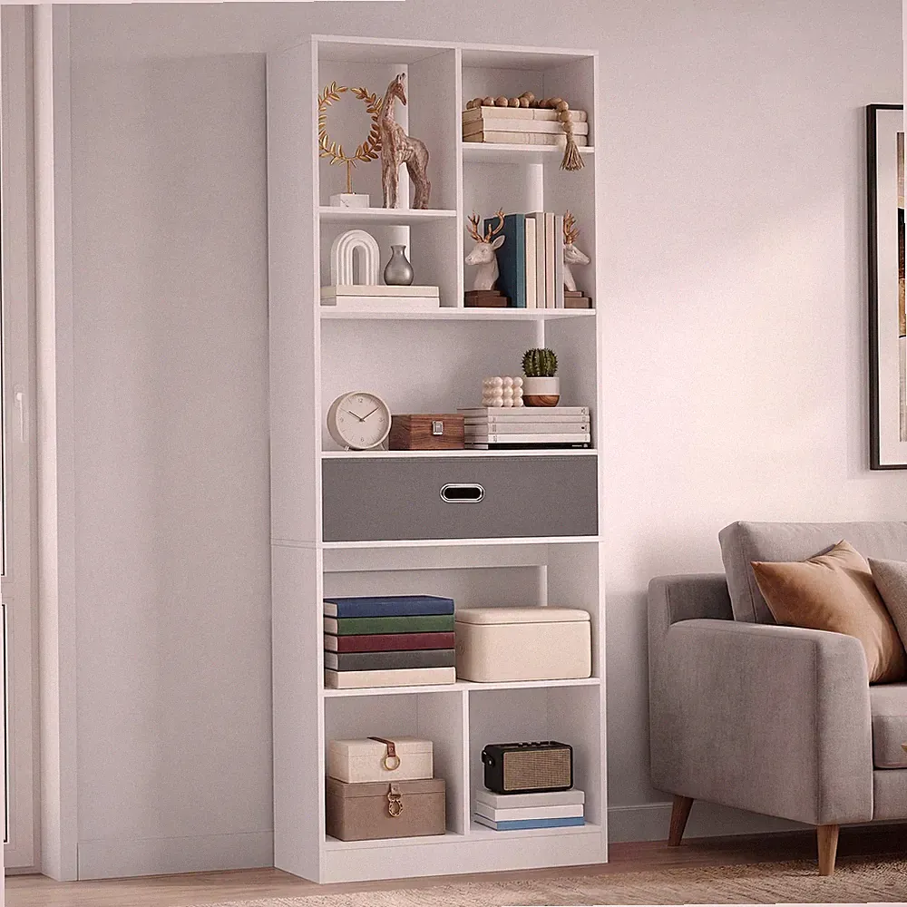 Bücherregal freistehend 7 Fächer 1 Schublade Wohnzimmer Schlafzimmer Weiß 170cm