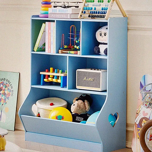 Bücherregal Kinder 6 Ablagefächer Herz Design Blau Montessori Holz 80x24x100cm