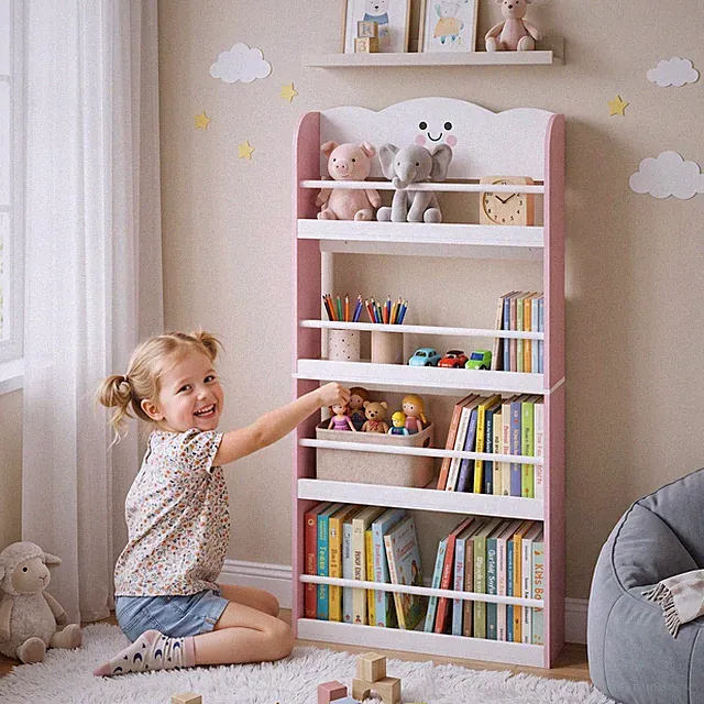 Bücherregal Kinder Wandmontiertes Kinderregal mit 4Etagen für Bücher Refurbished