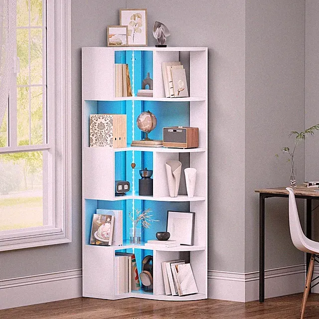 Bücherregal L-förmig 6 Etagen LED Beleuchtung Weiß 1