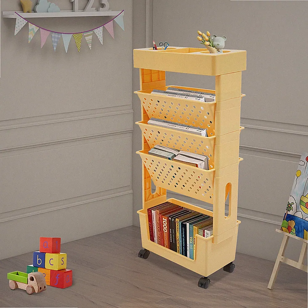 Bücherregal Lagerregal mit Rädern, Bücherwagen Schmal Aufbewahrungswagen Orange