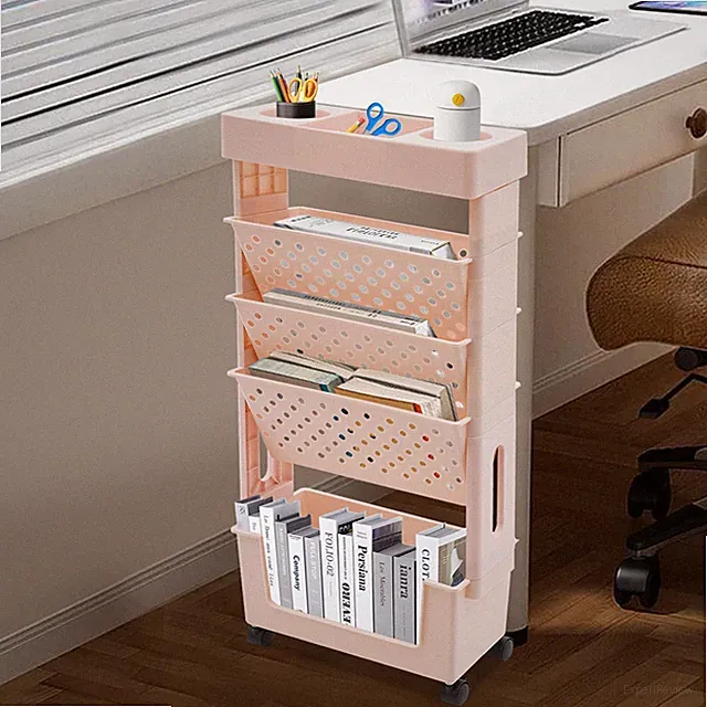 Bücherregal Lagerregal mit Rädern, Bücherwagen Schmal Aufbewahrungswagen Rosa