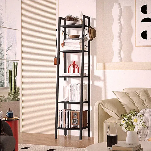 Bücherregal Leiterregal 5 Ebenen Stahl Industriestil Holz Schwarz Raum Wohnbe...