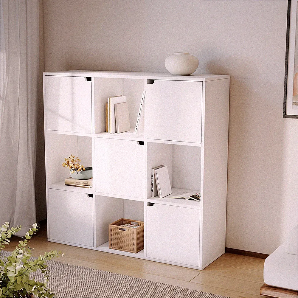 Bücherregal mit 3 Ebenen, 9 Staufächer, 5 Türen Standregal Regal stehend schrank