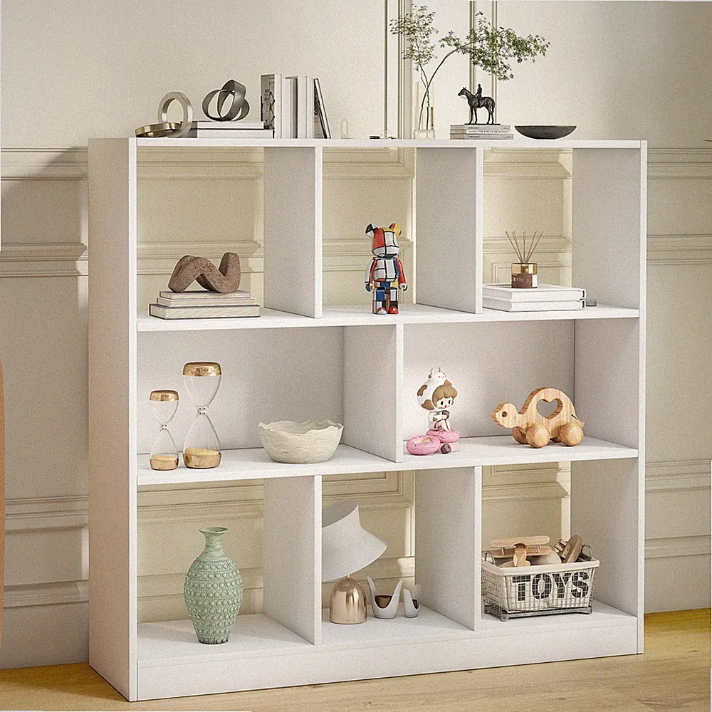 Bücherregal mit 3 Ebenen, 9 Staufächer, Standregal Regal stehend, Eckregal Weiß