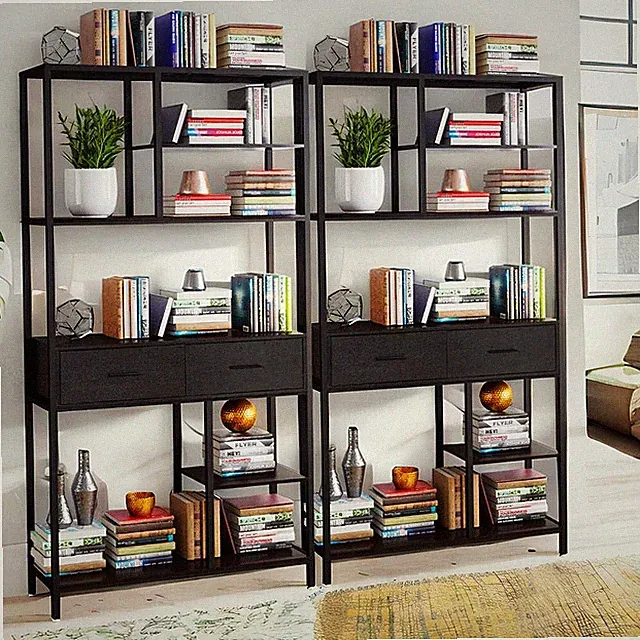 Büroregal Holz Bücherregal Schwarz Metallregal Standregal mit Schubladen Flur