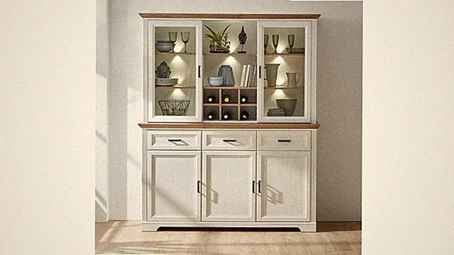 Buffet Jasmin Vitrine Highboard in Pinie hell Artisan Eiche mit LED 166x204 cm
