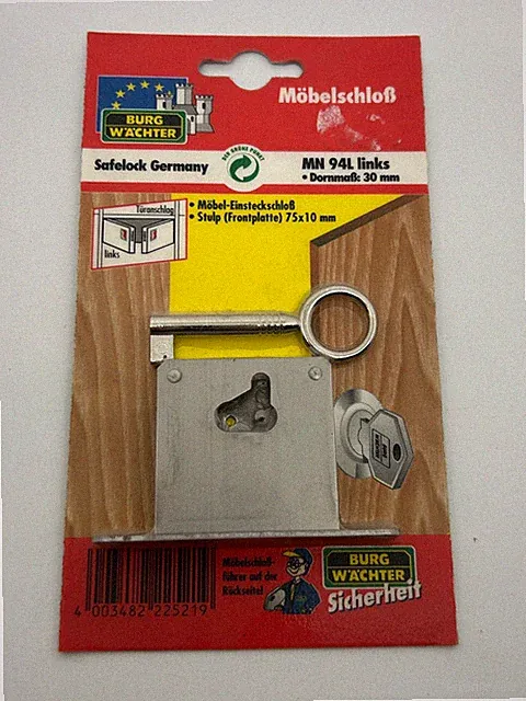 Burg Wächter MN94L Möbelschloss Einsteckschloss LINKS Dorn 30mm Stulp 75x10 mm