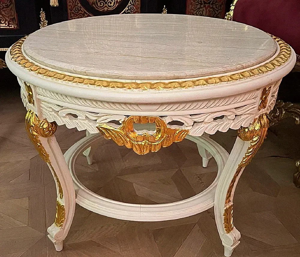 Casa Padrino Barock Couchtisch mit Marmorplatte Weiß Gold Creme Antik Stil Möbel