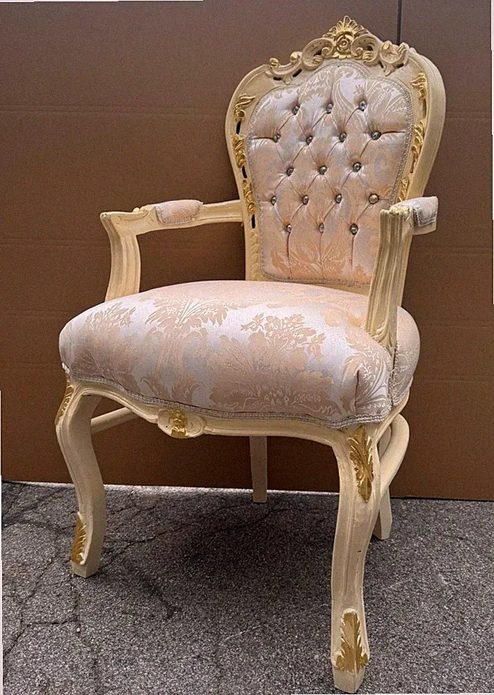Casa Padrino Barock Esszimmer Stuhl mit Armlehnen und Glitzersteinen Creme Gold