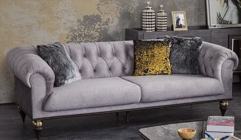 Casa Padrino Luxus Art Deco Chesterfield Wohnzimmer Sofa Hellgrau / Schwarz
