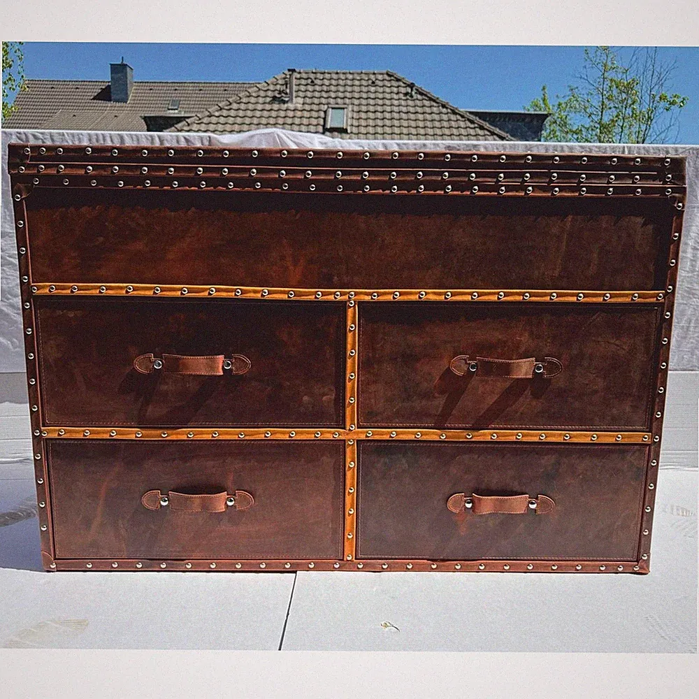 Casa Padrino Luxus Art Deco Kommode / Truhe Braun 125 cm - Leder Möbel