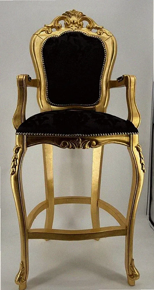 Casa Padrino Luxus Barock Barstuhl mit Armlehnen Schwarz / Gold - Bar Möbel