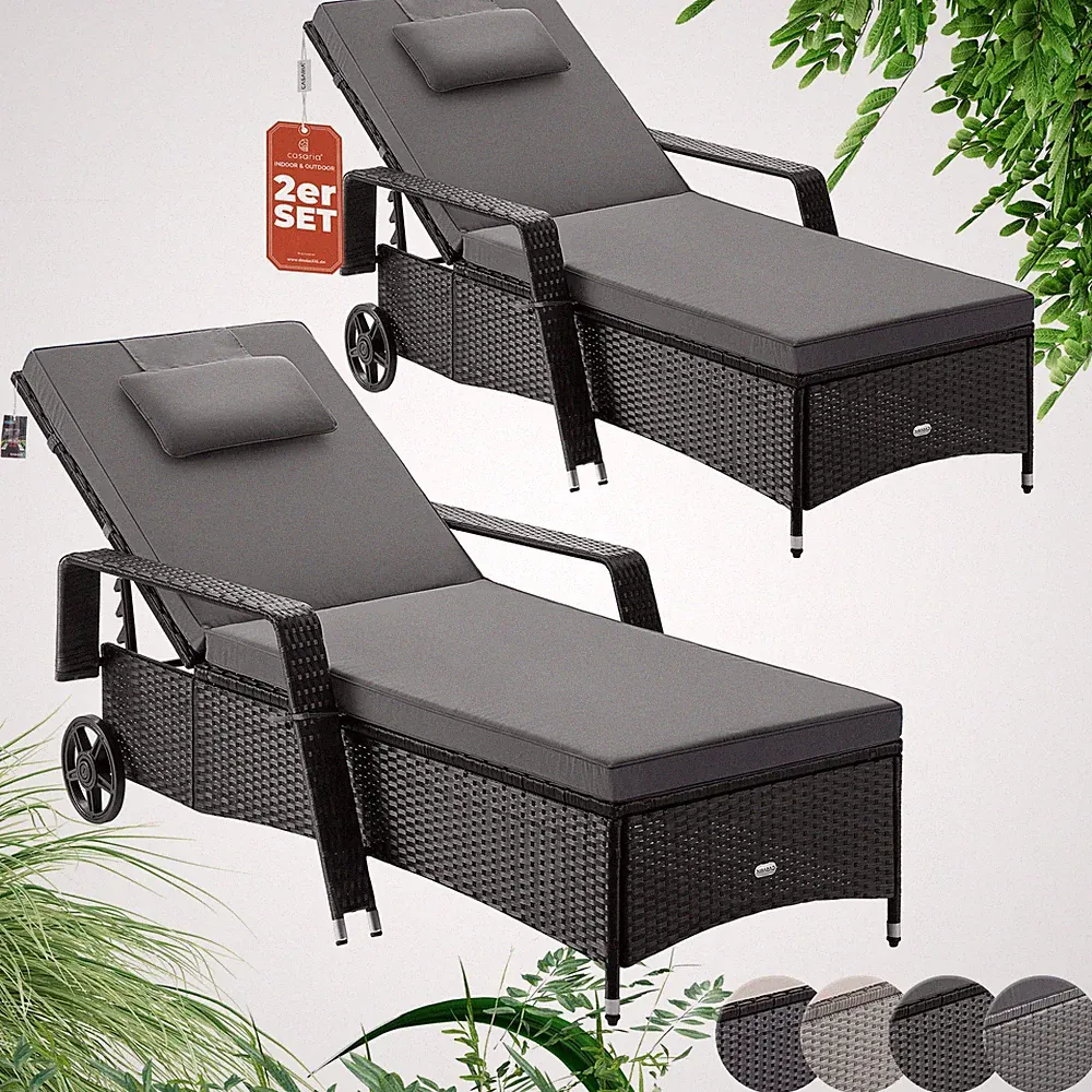 CASARIA® 2x Sonnenliege Gartenliege mit Rollen Polyrattan Wetterfest Relaxliege