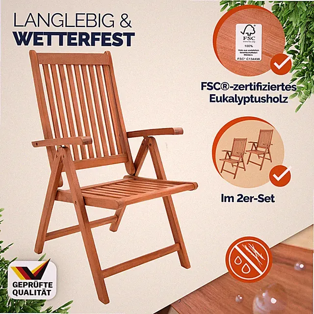 CASARIA® Gartenstuhl Balkonstuhl Holz Klappbar 160kg Belastbar Armlehne Garten