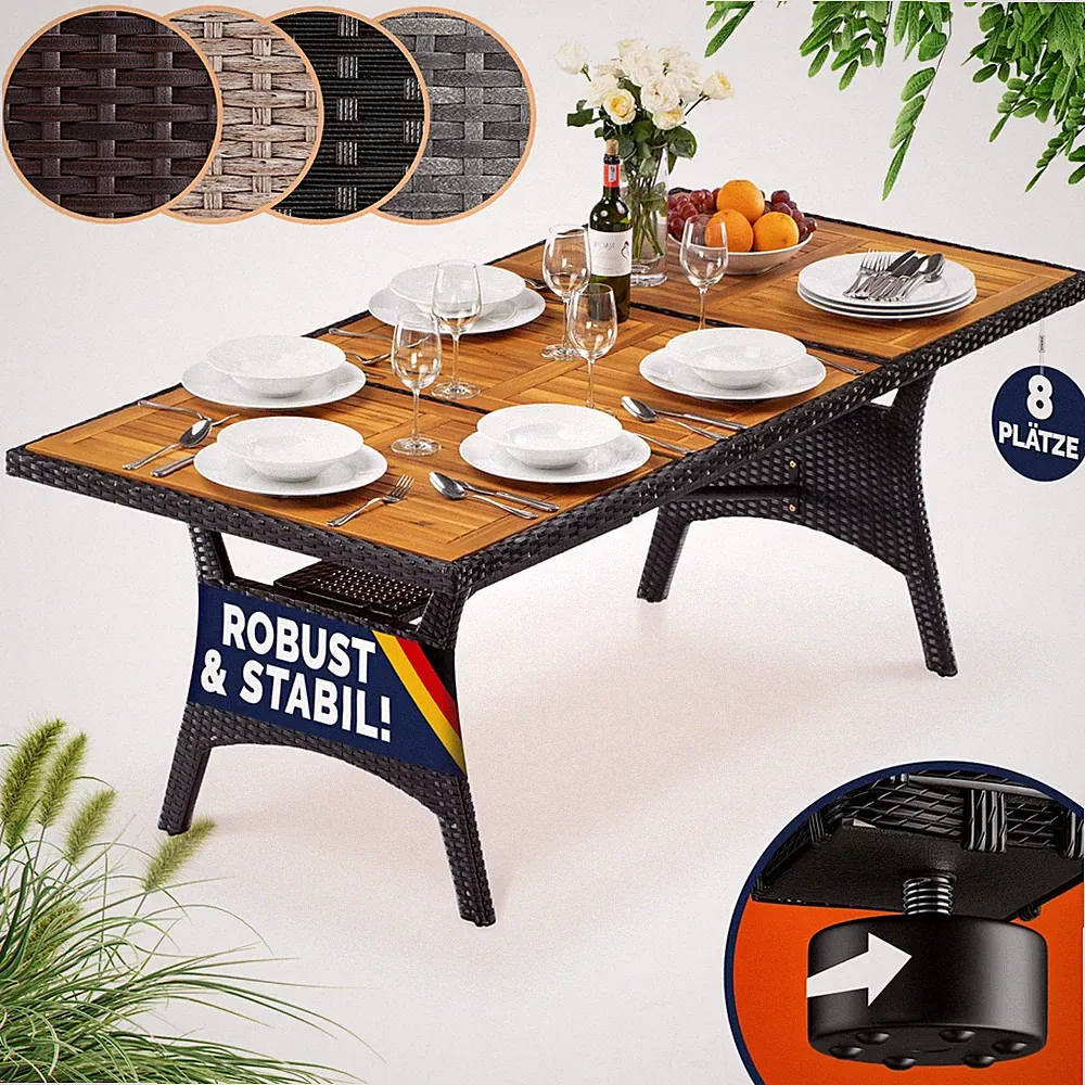 CASARIA® Polyrattan Gartentisch 190x90cm Akazie Garten Terrasse Esstisch Tisch