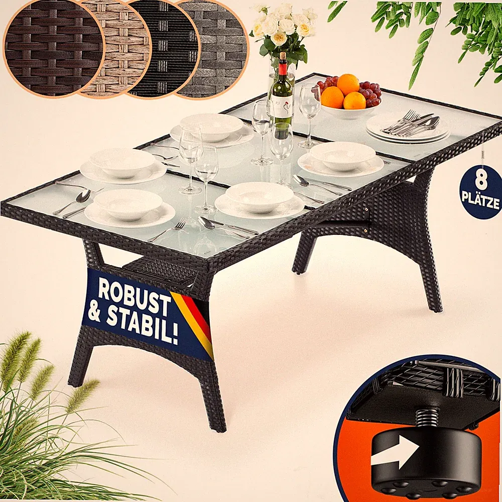 CASARIA® Polyrattan Gartentisch Garten Terrasse Glas- Tischplatte Esstisch Tisch