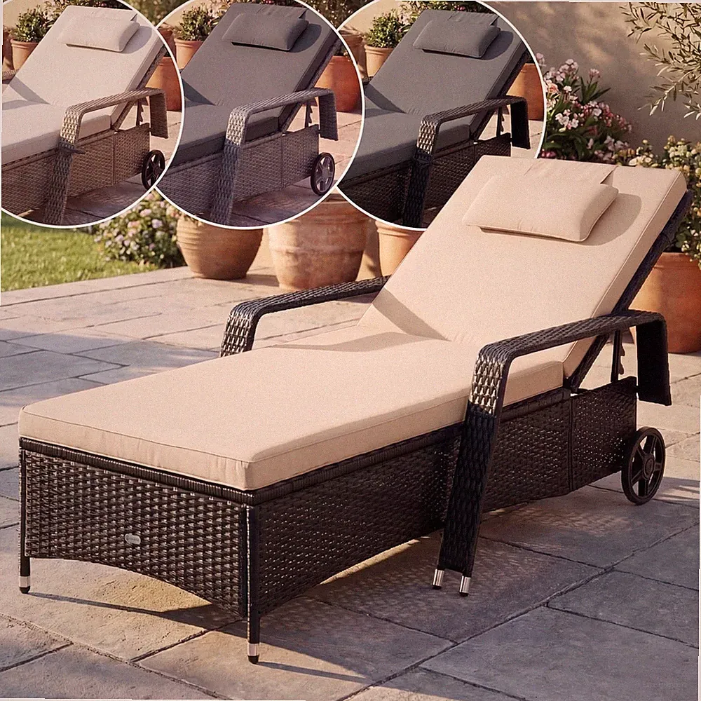 CASARIA® Sonnenliege Gartenliege mit Rollen Polyrattan Wetterfest Relaxliege
