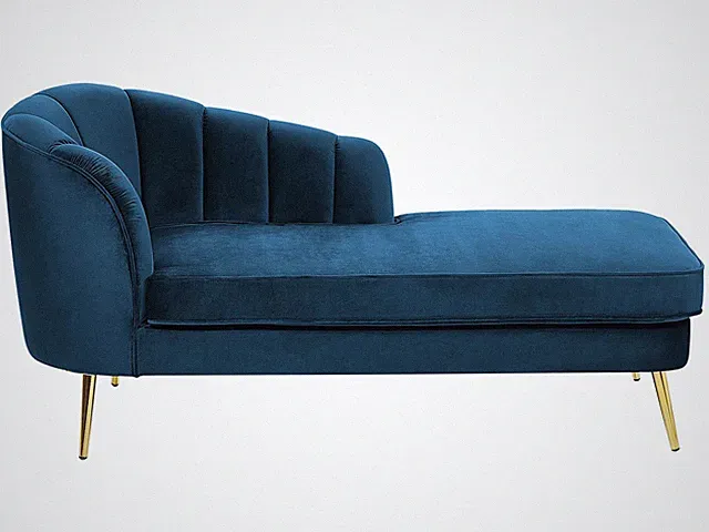 Chaiselongue Samt blau links mit Lehne Muschelform Metallbeine gold Glam Allier