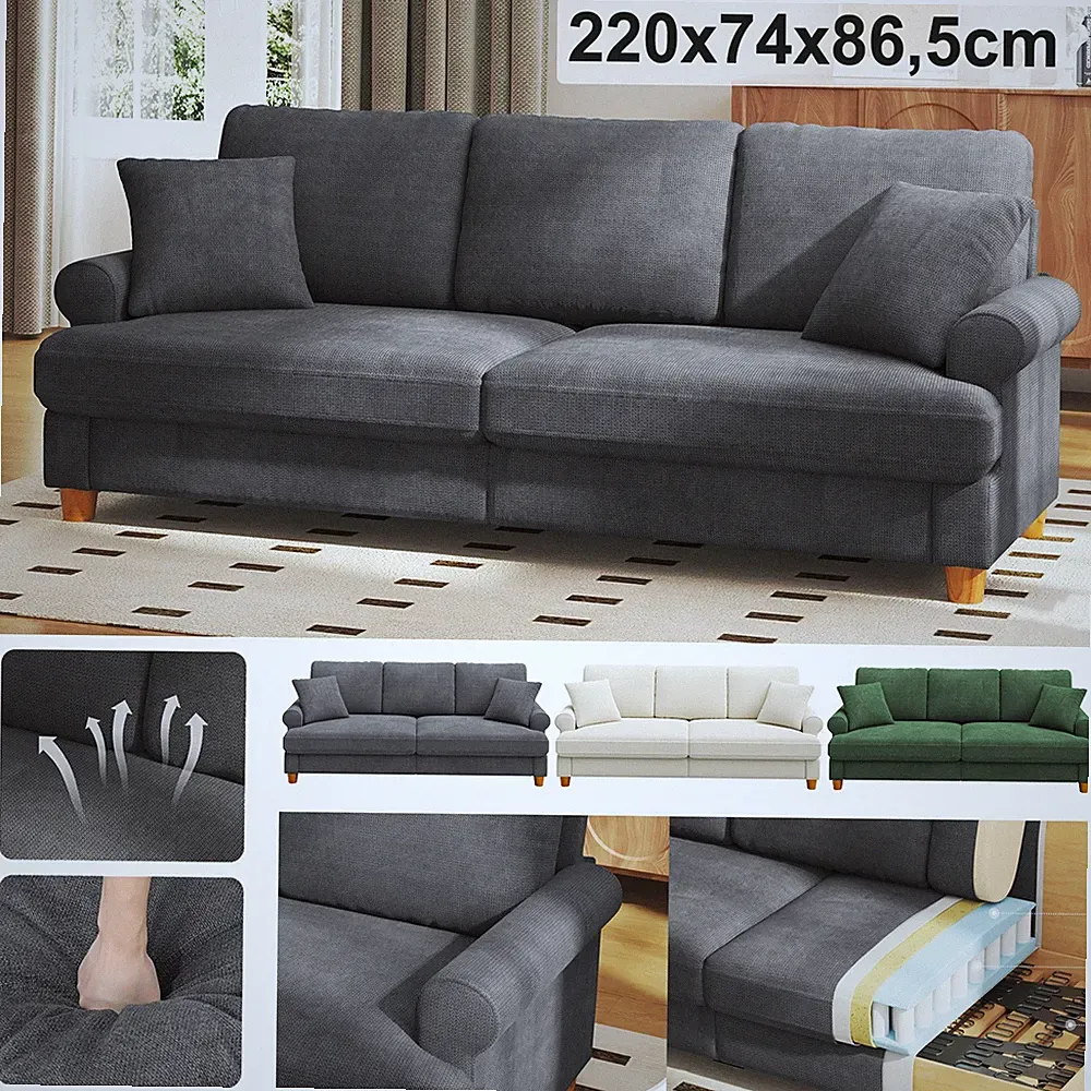 Chenille Sofa 3 Sitzer 220CM Bequemes Couch Sofas mit 2 Kissen fürs Schlafzimmer