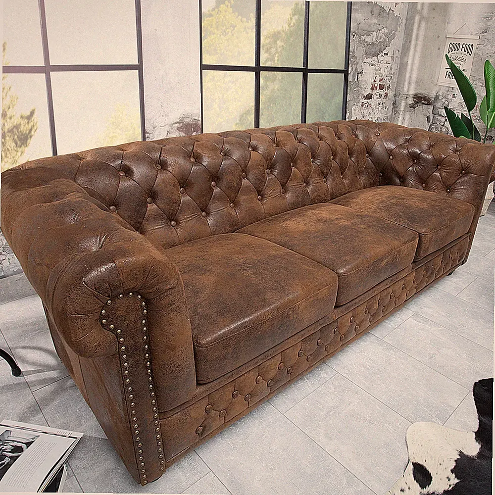 Chesterfield 3-Sitzer Sofa 205cm antik braun Microfaser Federkern Knopfheftung