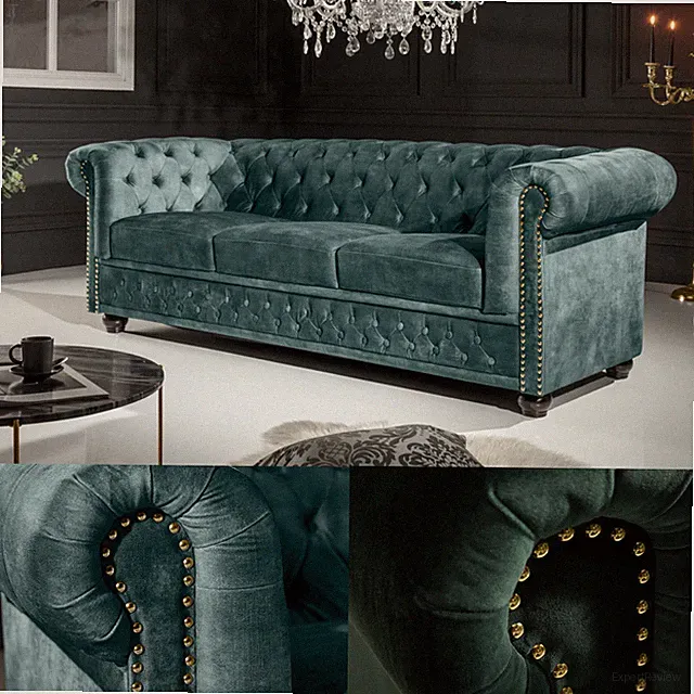 Chesterfield 3-Sitzer Sofa - 205cm - FARBWAHL - Samt Federkern Goldnieten