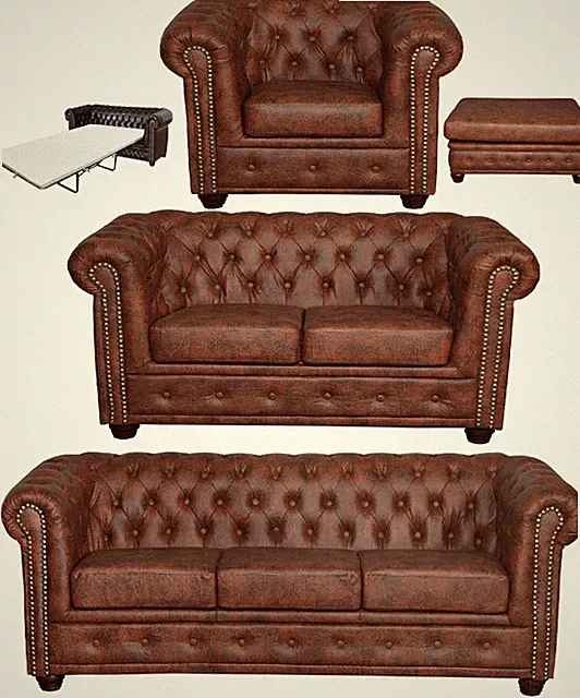 43% CHESTERFIELD SET: 1+2+3 Sitzer Schlafsofa Sessel BRAUN INDUSTRIE Kunstleder