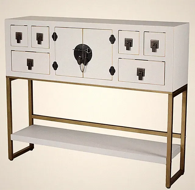 China Anrichte „Singapore“ Asiatisches Sideboard Ming Stil Weiß Gold Schubladen
