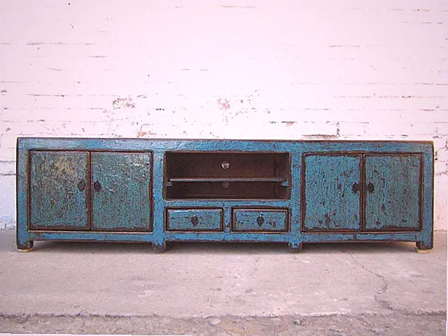 China cyanblaue TV Kommode Lowboard für Flachbildschirm heavy used vintage Look