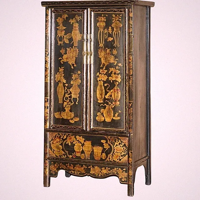 CHINESISCHE EXPORT CHINOISERIE UM 1920 BEMALT LACKIERT HOCHZEITSSCHRANK SCHRANK