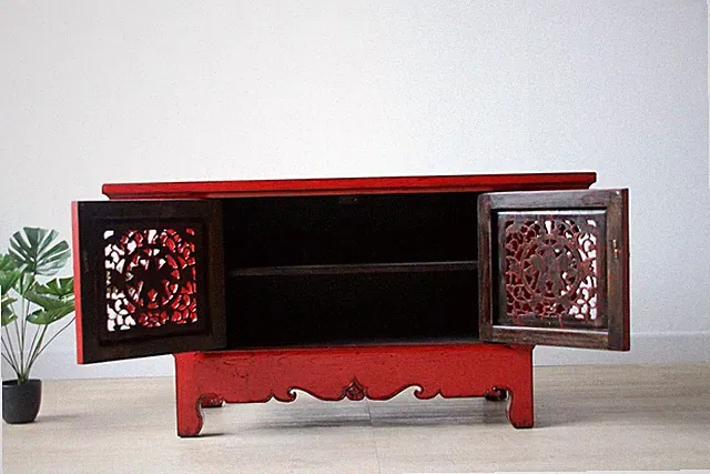Chinesische Kommode Lowboard Massivholz rot #M-SID-Yc55