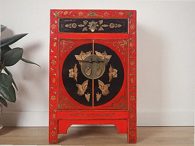 chinesische Kommode Sideboard 1 Schublade 2 Türen bemalt rot #M-KOM-A42R