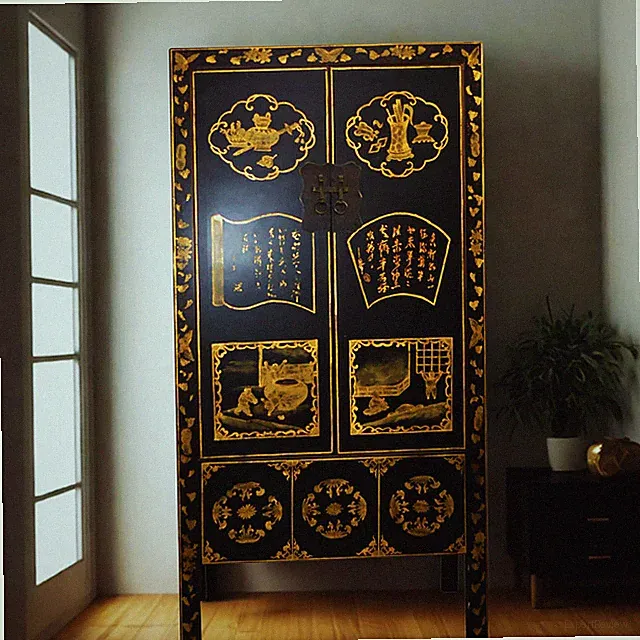 Chinesischer Hochzeitsschrank Schwarz Gold Asiatischer Schrank Massivholz bemalt