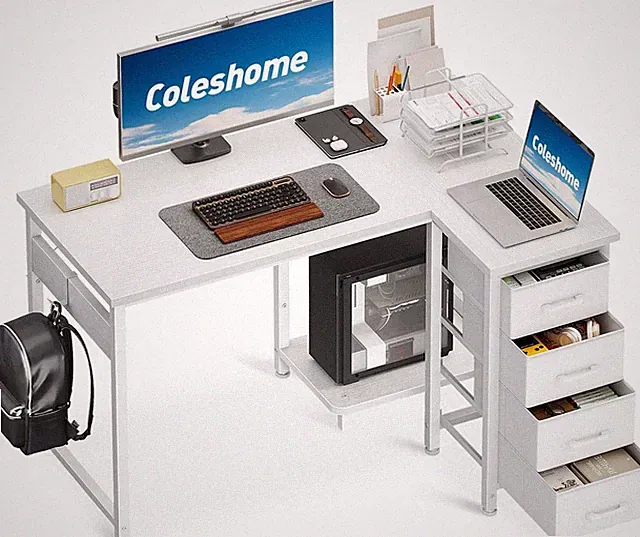 Coleshome Eckschreibtisch, 100x70cm Schreibtisch L Form mit 4 Schubladen, Weiß
