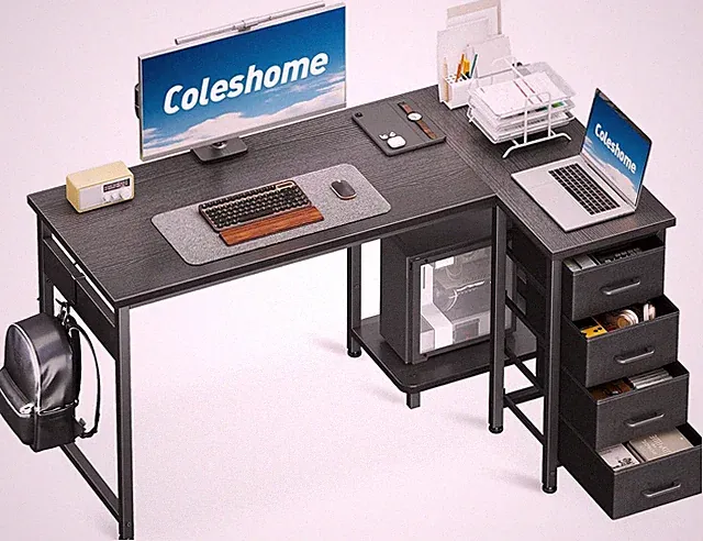 Coleshome Eckschreibtisch 120x70cm Schreibtisch L Form mit 4 Schubladen, Schwarz
