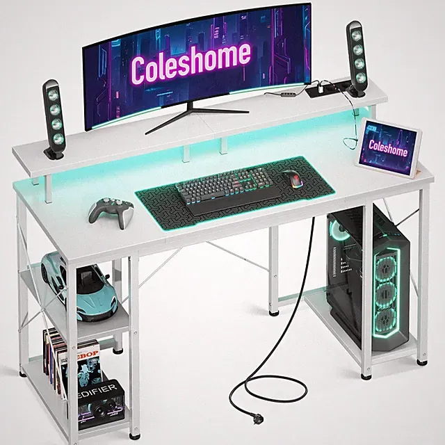 Coleshome Gaming Schreibtisch 120x50 cm mit LED, Monitorständer, Weiß, Regal