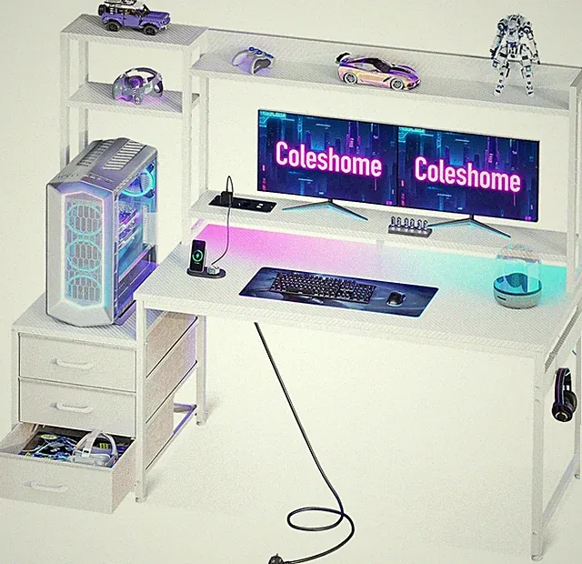 Coleshome Gaming Tisch mit Regal und Schubladen 137×48cm Schreibtisch , in Weiß