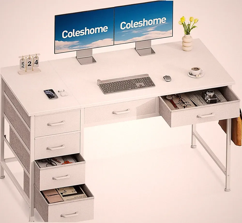 Coleshome Schreibtisch 120x48 cm Weiß 6 Schubladen mit Stauraum Home Office