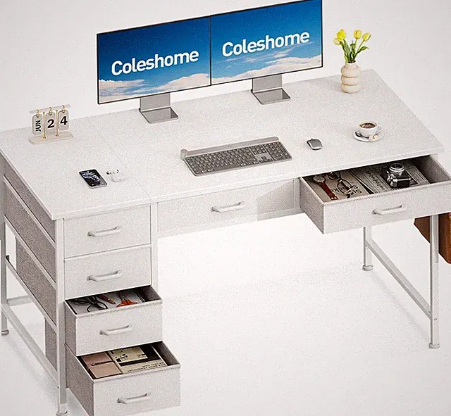 Coleshome Schreibtisch 120x48 cm Weiß 6 Schubladen mit Stauraum Home Office